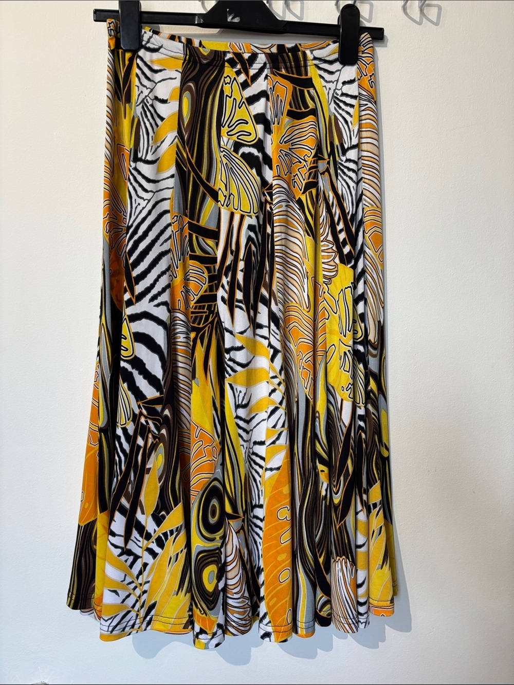 Yellow & Black Printed Midi Skirt - Fluid A-Line Style